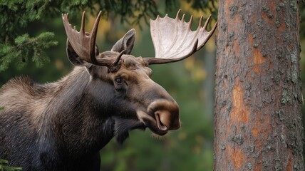 A moose is grazing near a tree in a vibrant forest filled with autumn colors.