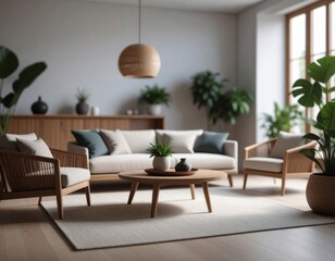 Fototapeta premium A stylish living room showcasing Scandinavian design with wooden furniture, green plants, and natural light.