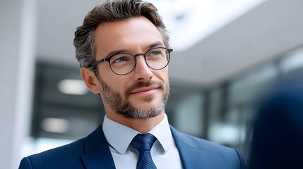 Naklejka premium A professional businessman stands confidently in an office setting. long_title:A mature, experienced corporate executive in a suit and glasses stands