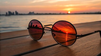 Sunset reflected in round sunglasses on wooden dock