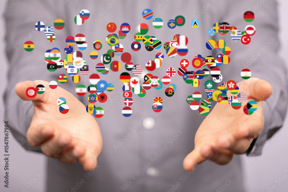 Poster image of hands gently holding numerous flags, symbolizing global unity and international collaborati