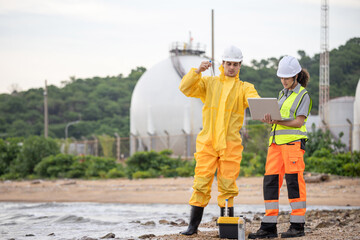 Environmental Scientists Collecting Water Samples for Analysis, Researchers Testing Water Quality at a Lake or Coastal Area, Water Pollution Control, Scientists at Work in the Field