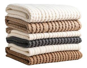 A cozy knitted throw blanket folded neatly with warm tones, isolated for transparent.