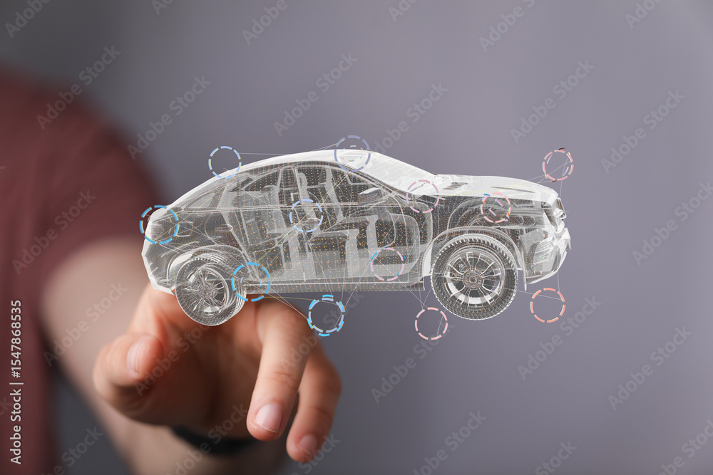 Poster Advanced automotive technology.  Digital 3D model of a car with data points.
