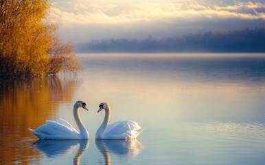 Naklejka premium art beautiful Two white swans on a lake