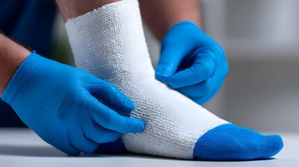 Fototapeta premium A healthcare professional applying a bandage to provide medical treatment and care.