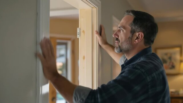 Man Installs New White Door Trim in Home Interior Wearing Blue Plaid Shirt With Natural Lighting and Neutral Background