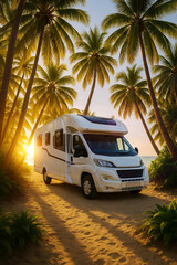 A white motorhome is parked on a sandy path amid tall green palm trees