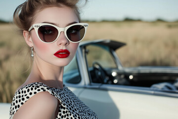 Fashionable Model in a Polka-Dot Tea Dress and Red Lipstick, Styled with Cat-Eye Sunglasses, Posing Near a Classic Car in an Expansive Open Field.