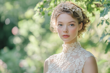 Fashionable Model in a Soft Pastel Lace Dress with Headband, Captured in a Peaceful Garden with Sunlight Dancing Through the Trees.
