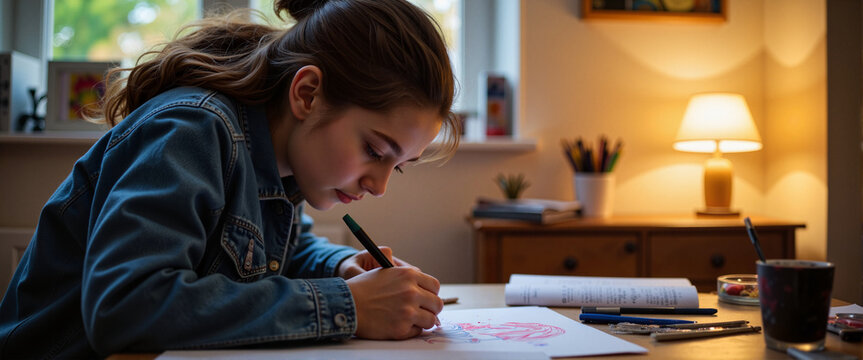 Adolescent artist engrossed in pen drawing at dusk, creative expression