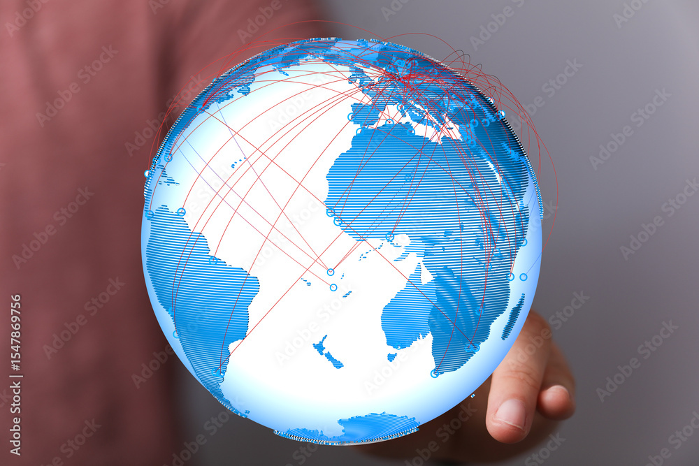 Poster high-quality image of a hand holding a digital globe, illustrating global connectivity and communica