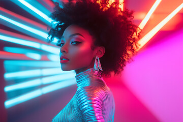 Fashionable Model in High-Gloss Silver Attire with Avant-Garde Hairstyle and Jewelry, Standing in a Clean Neon-Lit Studio Setting with Futuristic Aesthetics.