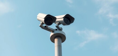 High-security CCTV cameras mounted on a tall pylon against a clear sky, technology, high-tech