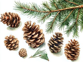 The artistic representation of pine needles and cones combines natural elements with watercolor techniques. 