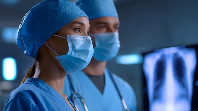 Healthcare professionals examining medical x-ray in hospital