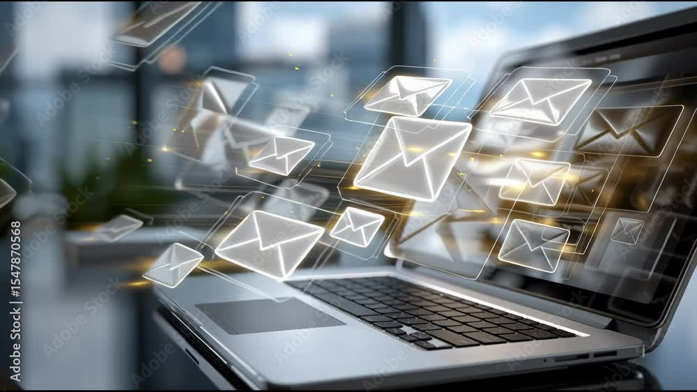 Poster Overloaded laptop screen with email white and gold notifications popping up rapidly, symbolizing information overload in the digital age