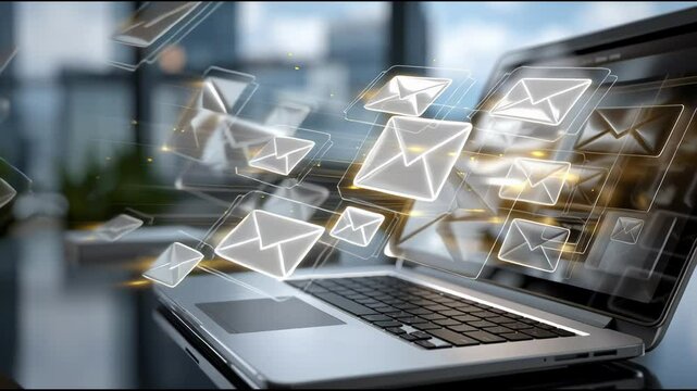 Overloaded laptop screen with email white and gold notifications popping up rapidly, symbolizing information overload in the digital age