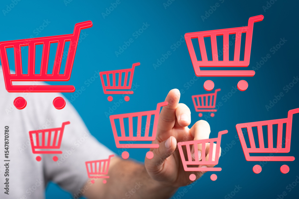 Poster image of a hand interacting with multiple digital shopping carts, illustrating online shopping and e