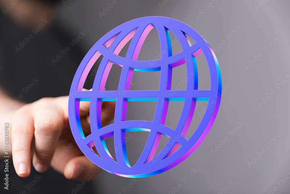 Poster Abstract image of a hand holding a vibrant 3D globe icon, symbolizing global connectivity and networking.