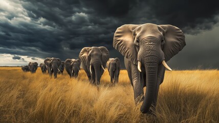 Obraz premium Elephants move steadily across golden grasslands as dark clouds loom overhead.