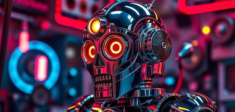 Retro chrome robot with glowing tubes, vintage gears,  metallic,  mechanism - Powered by Adobe