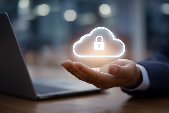 Vibrant photo of businessman holding in his hand a cloud with a security padlock icon on a white background, close-up, on an office desk with a laptop computer. This is a cloud. - Powered by Adobe