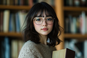 Female Model in Glasses and Cozy Sweater Holding a Book in a Library Setting with Soft Light and Blurred Bookshelves in Background.