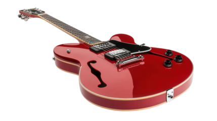 Modern electric guitar with glossy red finish Transparent background, PNG file