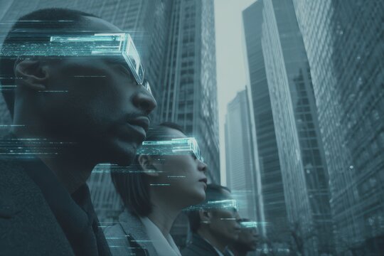 A man and woman wearing 5G-powered AR glasses are standing in an urban environment, looking at a city skyline in the distance.