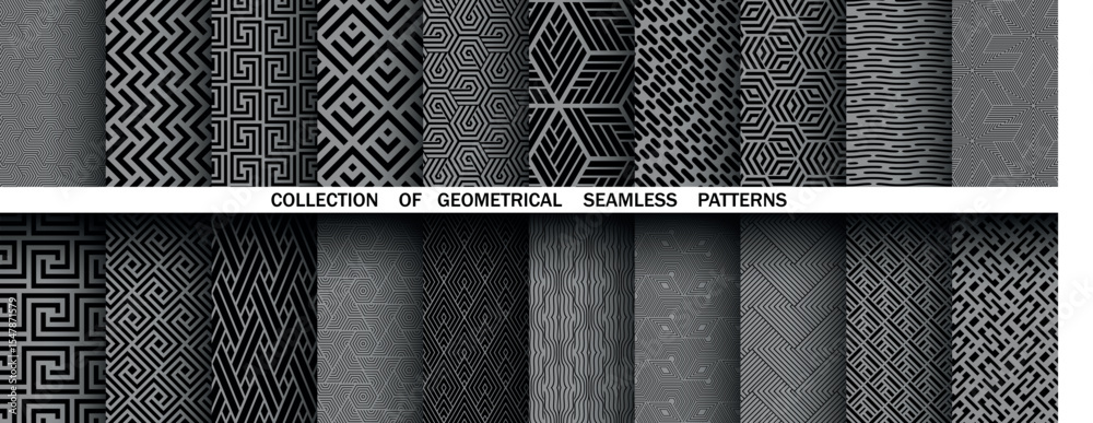 Poster Geometric set of seamless black and gray patterns. Simple vector graphics