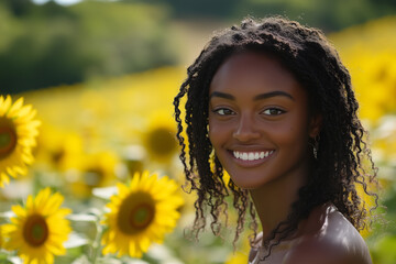 Female Model Surrounded by Blooming Sunflowers in a Sunlit Field with Soft Focus Background.
