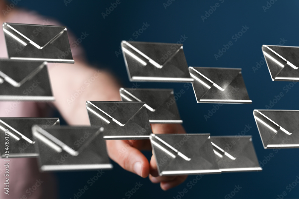 Poster abstract image of hand reaching for many digital emails. perfect for communication, technology, and 