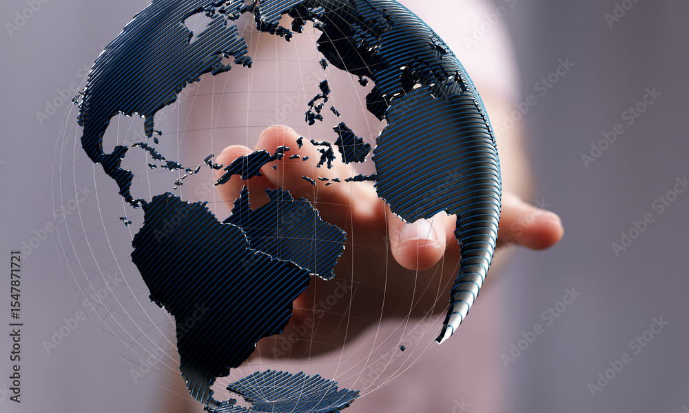 Poster High-quality stock photo of a hand interacting with a digital globe, representing global connectivity and networking.