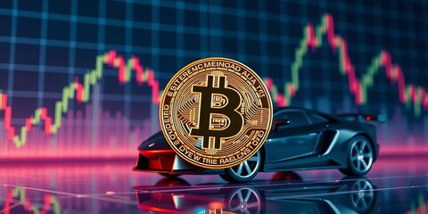 Bitcoin cryptocurrency symbol overlaid on a graph with a car model,  decentralized,  trend