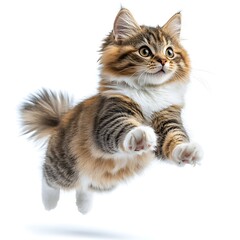 Adorable Fluffy Tabby Kitten Mid-Air Jump on White Background
