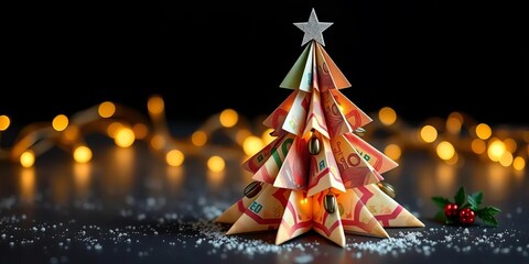 Elegant euro banknote Christmas tree origami, festive handmade craft, holiday season, holiday