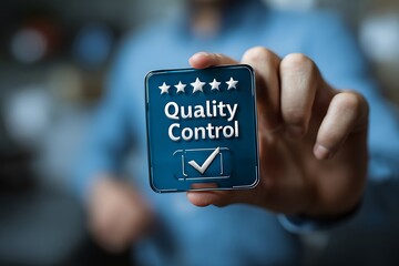 Vibrant photo of hand holding a five-star badge with a check mark icon and the text "Quality Control" against a background of a blurred business man in a blue shirt, with a.