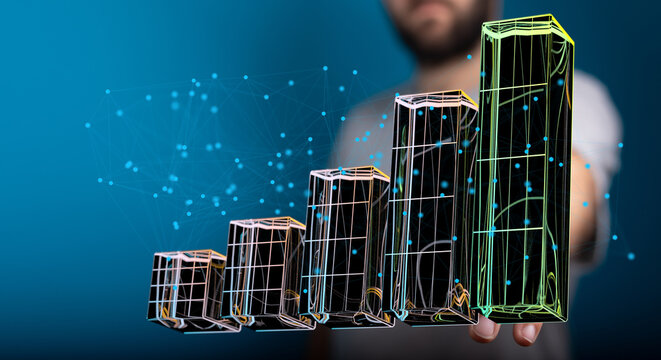 Stock photo of 3D bar graph showing upward trend, representing business growth, data analysis, and success.