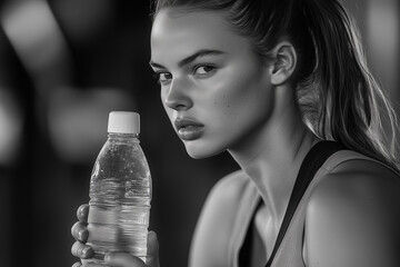 Fit Young Woman in Activewear with Sleek Ponytail Holding Hydration Bottle Inside Gym Environment Featuring Blurred Fitness Machines.