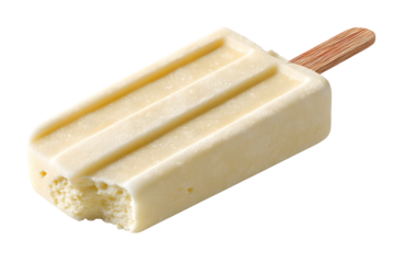 Refreshing white popsicle on a stick with a bite taken against transparent backdrop