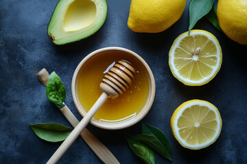 Flat Lay of Skincare Essentials Including Avocado, Lemon, Honey, and a Beauty Brush Next to a Handcrafted Facial Mask in Ceramic Bowl.
