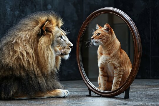 A powerful lion mirrors the essence of a humble cat.