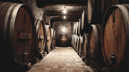 Aged wine barrels in a cellar hallway