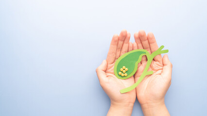 Gallbladder with gallstones (cholelithiasis) anatomy made from paper on blue background. Gallstone...