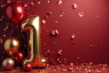 Festive golden number 1 balloon floats among red and gold balloons and scattered rose petals on a crimson floor, celebrating a joyful milestone, horizontal composition