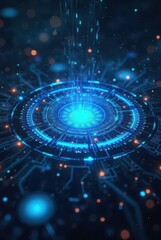 Radiant circuitry converges around a luminous core, projecting energy upwards through patterned rings and lights, vertical composition