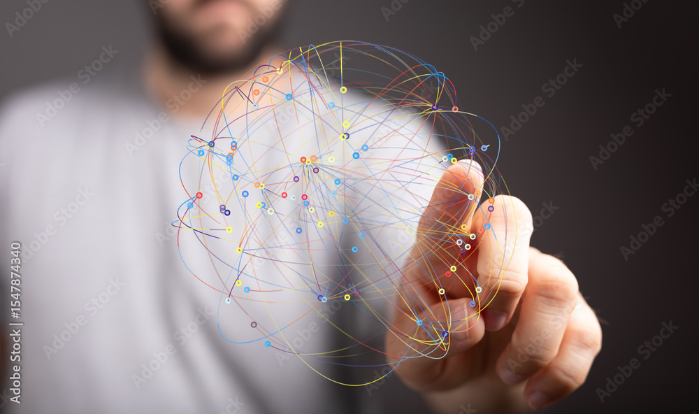 Poster Abstract image of a man interacting with a network.  Perfect for tech, innovation, and connection concepts.