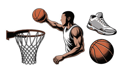 Modern vector illustration titled Basketball Collection featuring four detailed components,a basketball player mid-air dunking, a basketball hoop with net, a high-top sneake, easily editable.