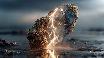 A floating crystal geode struck by gold lightning over mist. AI Generation.